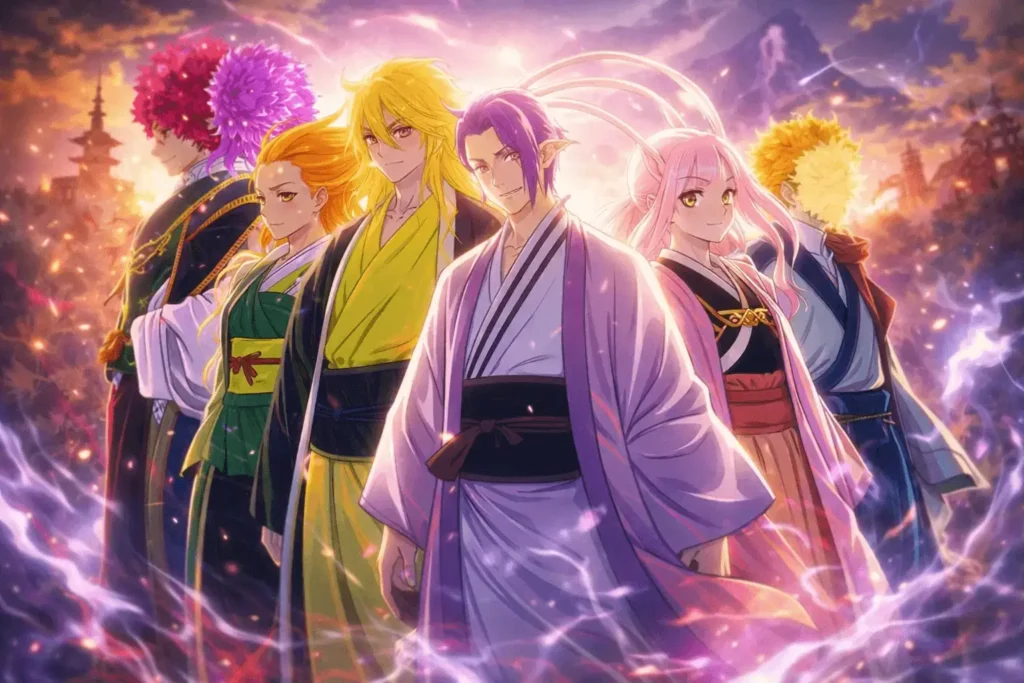 Tensen reunidos em Hell’s Paradise, envoltos por auras coloridas e energia intensa diante de cenário místico da ilha Shinsenkyo, destacando seu poder e imortalidade.