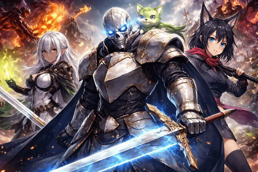 Arc em forma de cavaleiro esqueleto com espada brilhante ao lado de Ariane e Chiyome enquanto Ponta observa em cenário de batalha épico