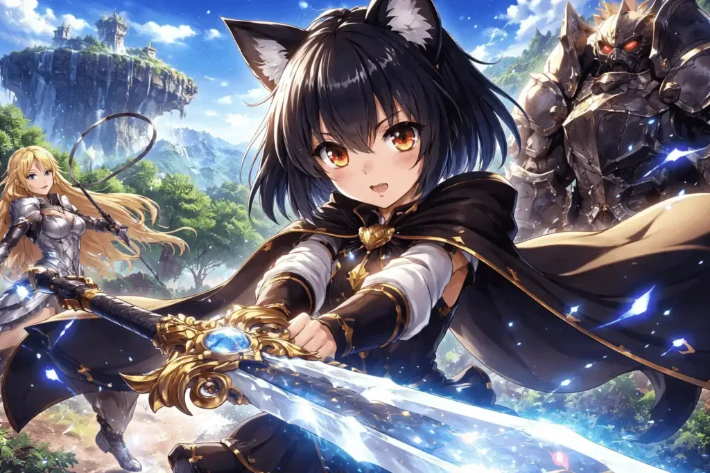 Fran empunhando uma espada mágica brilhante enquanto enfrenta inimigos em cenário fantástico com ilha flutuante ao fundo