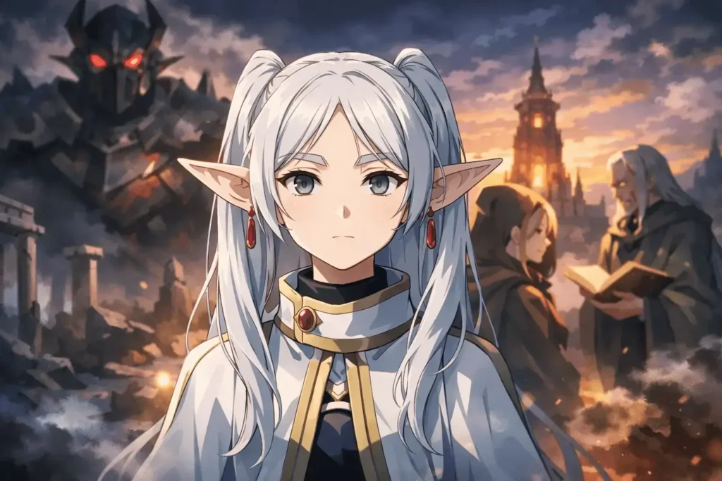 Frieren diante de ruínas antigas enquanto sombras de demônios e magos observam ao fundo.