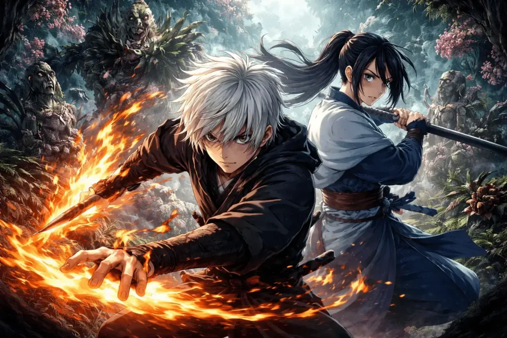 Gabimaru-e-Sagiri-enfrentando-monstros-em-Shinsenkyo-com-energia-de-fogo-em-cenario-sombrio-e-surrea.