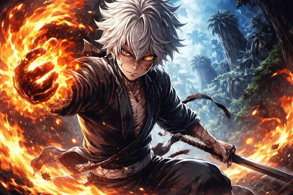 Gabimaru envolto em chamas lutando na ilha de Shinsenkyo em Hell's Paradise.