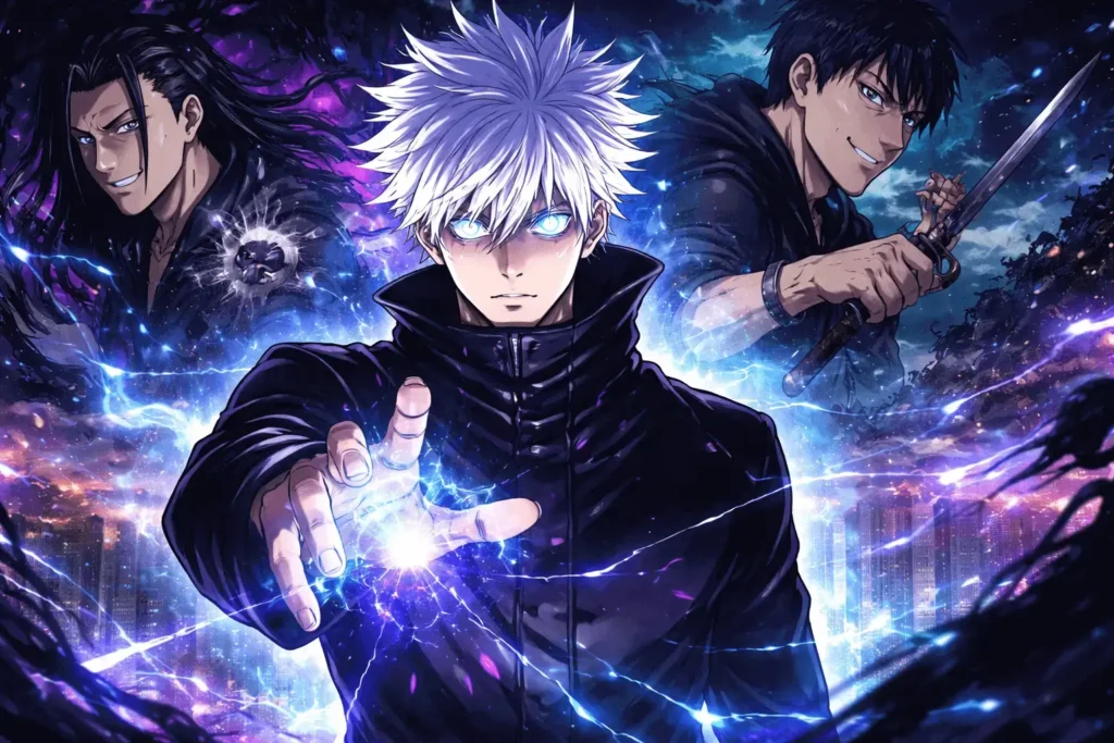 Gojo Satoru com os Seis Olhos ativados usando o Limitless, cercado por energia amaldiçoada em um cenário dramático que representa seu despertar como o feiticeiro mais poderoso de Jujutsu Kaisen.