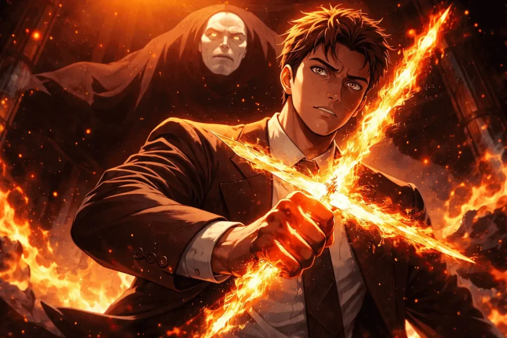 Higuruma empunhando a Espada do Executor enquanto o Shikigami Judgeman aparece atrás dele em um tribunal em chamas.