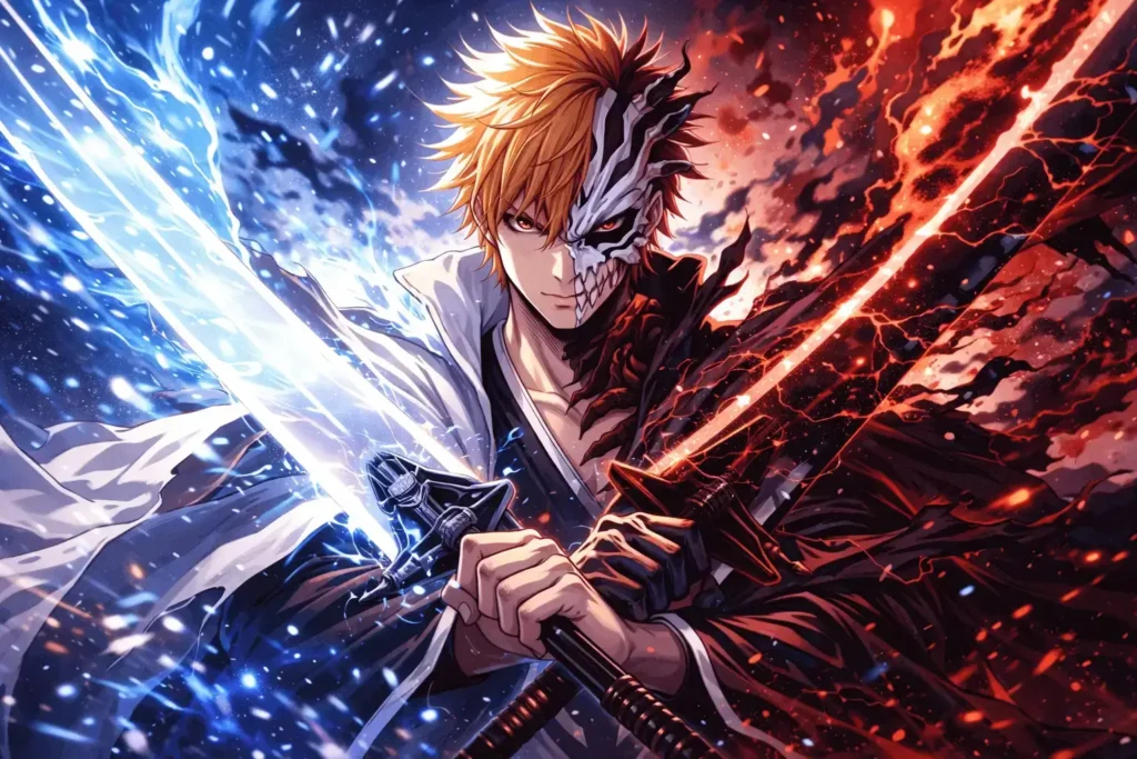 Ichigo Kurosaki em sua forma final, envolto por energia espiritual negra e branca, com aura intensa e espada liberada em cenário sombrio, estilo anime cinematográfico.