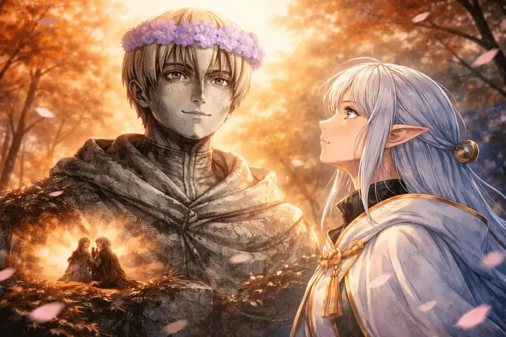 Ilustração em estilo anime de Frieren olhando emocionada para a estátua de Himmel ao pôr do sol, cercados por folhas de outono em clima nostálgico e simbólico.