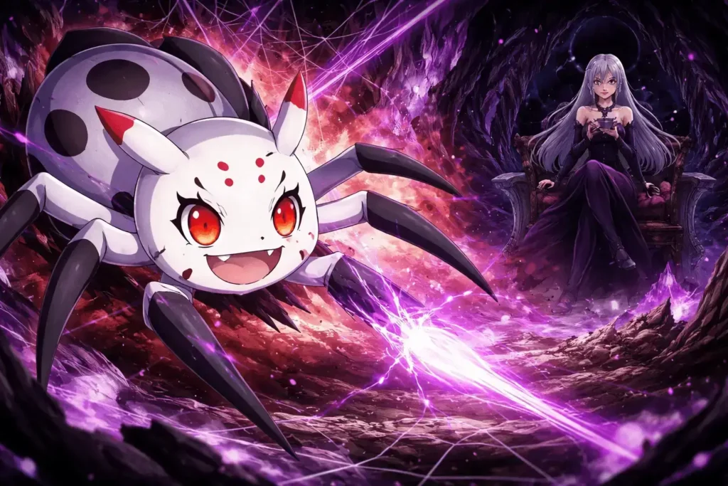 Kumoko em forma de aranha lançando magia roxa enquanto a deusa D observa em cenário sombrio e caótico