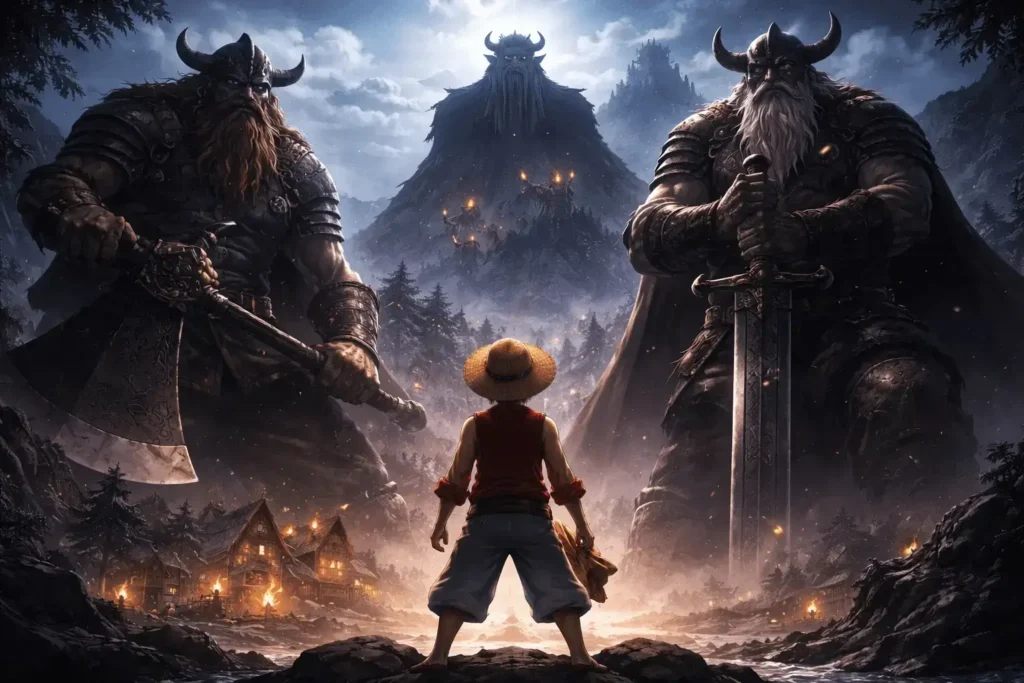 Luffy encarando gigantes colossais em Elbaph com silhueta sombria de Loki ao fundo em cenário épico e sombrio