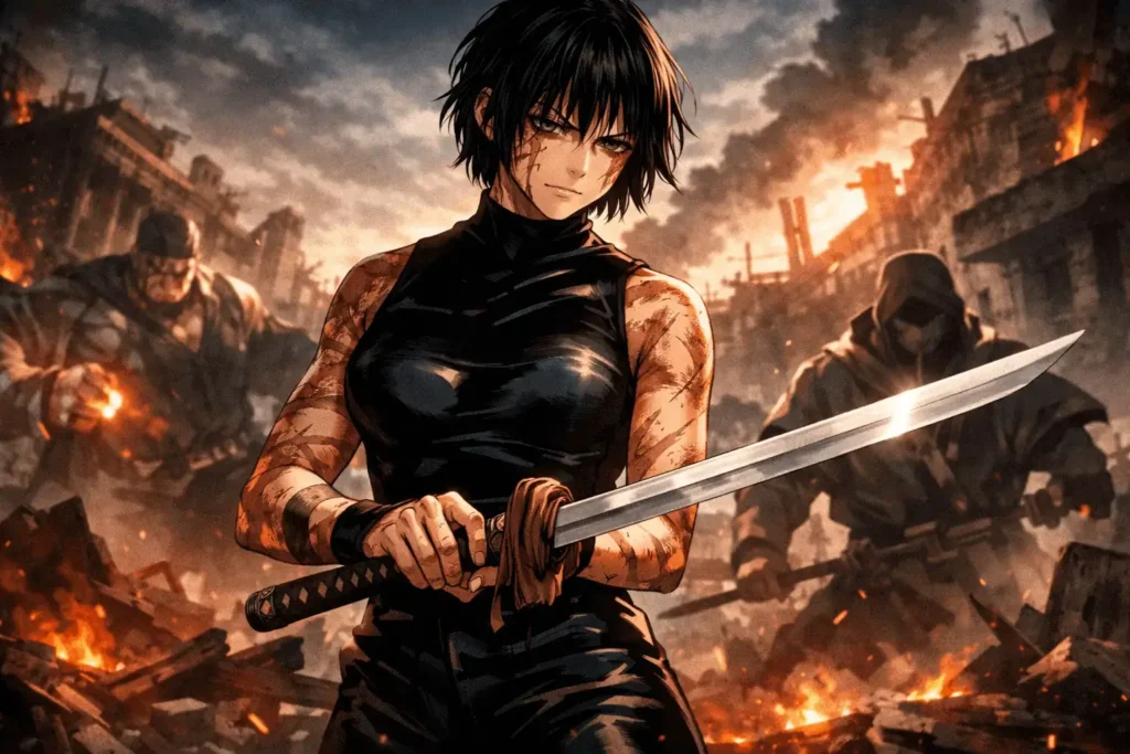 Maki Zen'in segurando uma espada após batalha contra o Clã Zen'in em Jujutsu Kaisen.