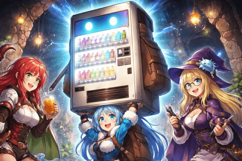 Máquina de vendas mágica sendo carregada por aventureira em dungeon com energia brilhante e cenário fantástico