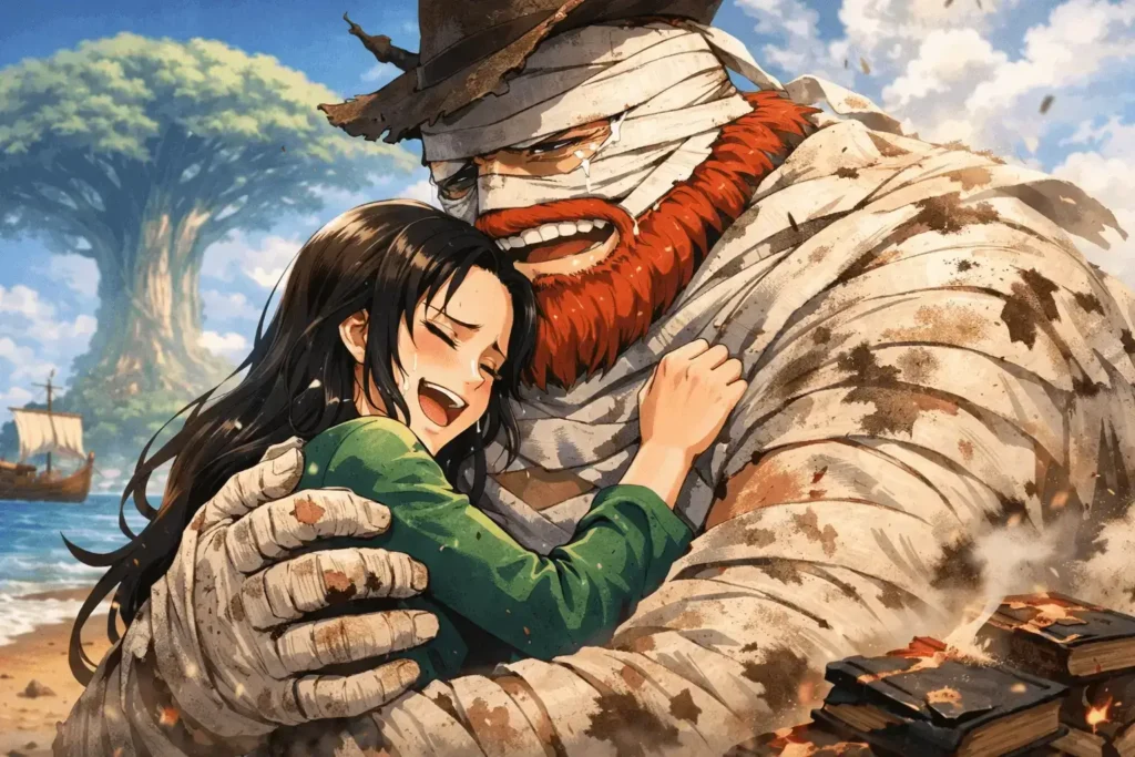 Nico Robin abraça emocionada o gigante Jaguar D. Saul em uma praia de Elbaf.