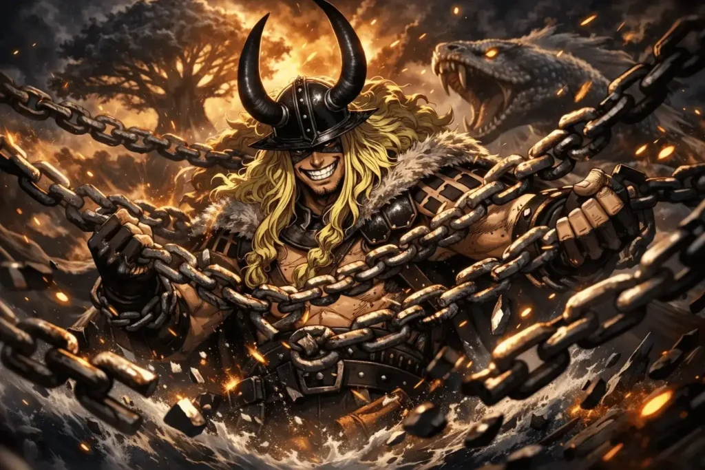 Príncipe Loki de Elbaf quebrando correntes enquanto uma serpente gigante surge atrás dele diante da árvore Yggdrasil em um cenário apocalíptico.