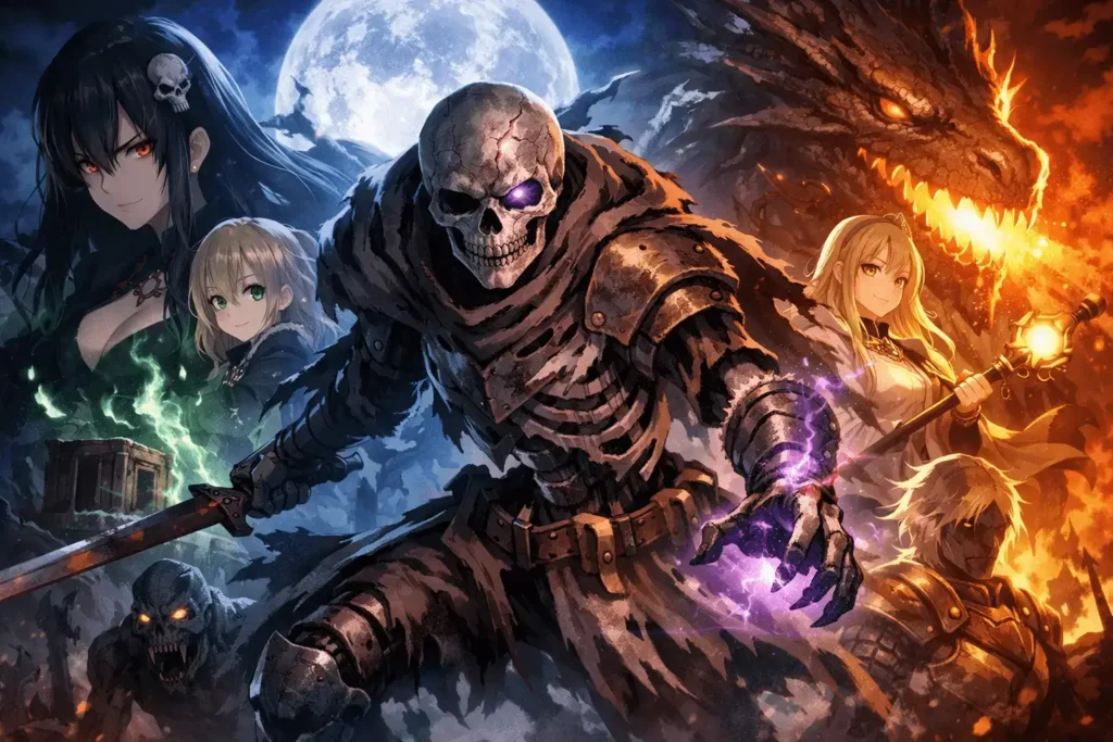 Rentt Faina em forma undead diante de um dragão e necromantes em cenário sombrio iluminado pela lua