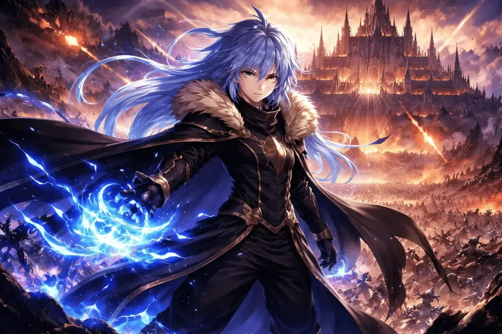 Rimuru em forma de Lorde Demônio em campo de batalha épico com energia azul intensa ao fundo de um império em guerra