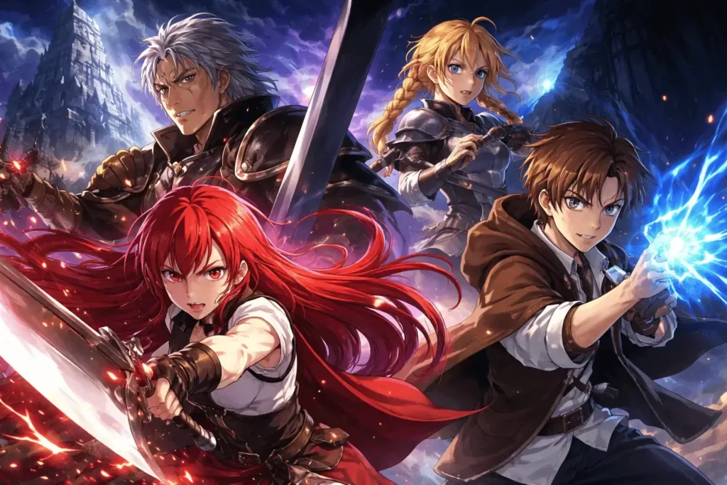 Rudeus e Eris em combate intenso com magia e espadas, cercados por energia em cenário épico de batalha