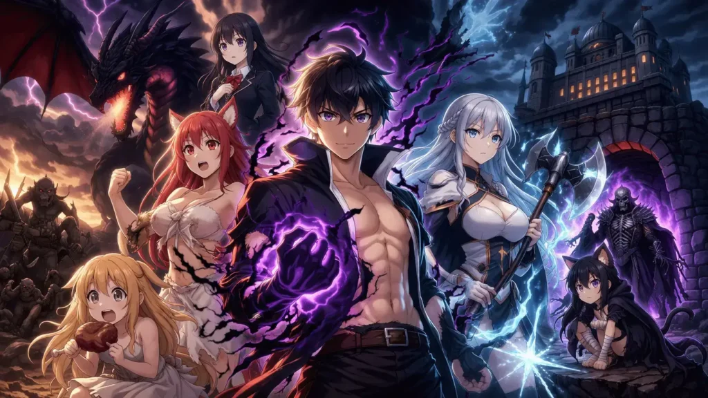 Seiichi evoluído com aliados diante de dungeon sombria em The Fruit of Evolution