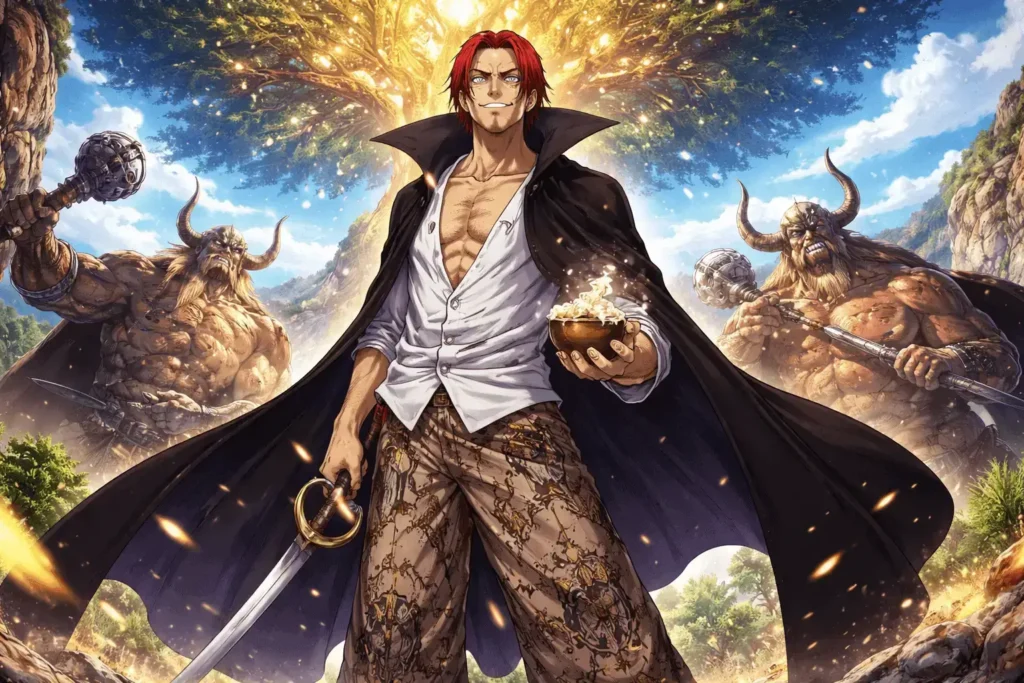 Shanks-em-Elbaf-diante-da-arvore-Yggdrasil_-segurando-sua-espada-enquanto-os-gigantes-Dorry-e-Brogy.