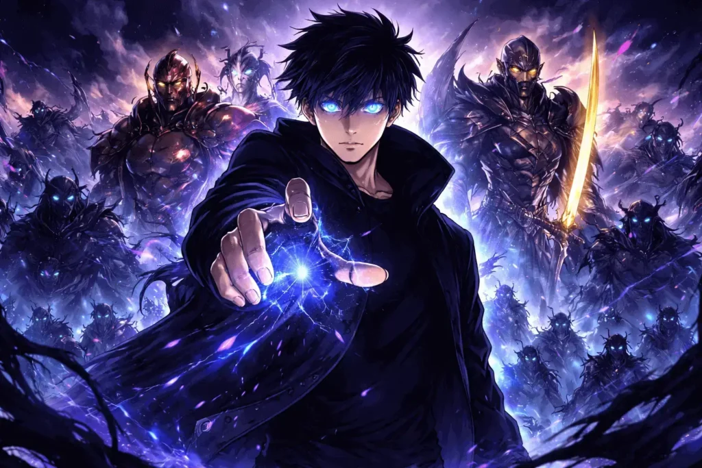 Sung Jin-Woo como Monarca das Sombras em Solo Leveling, cercado por seu exército de sombras incluindo Igris e Bellion, com aura azul intensa e atmosfera sombria mostrando seu verdadeiro poder.