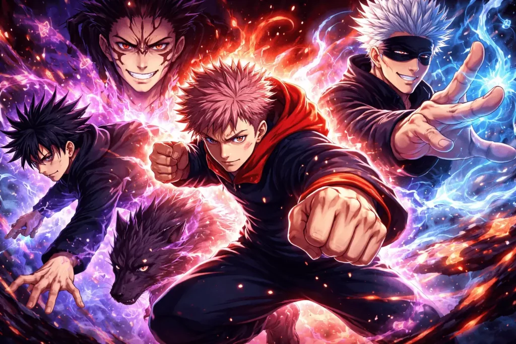 Yuji Itadori, Gojo e Megumi cercados por energia amaldiçoada intensa em batalha contra maldições