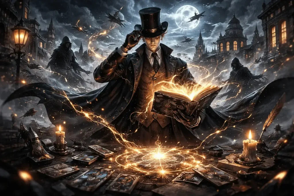 beyonder realizando ritual místico em cenário steampunk de Lord of the Mysteries