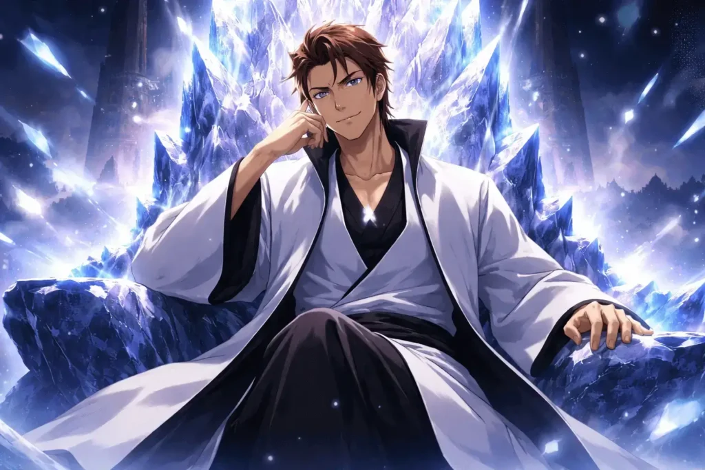 Aizen sentado em trono cristalino com aura divina no Palácio do Rei das Almas em Bleach