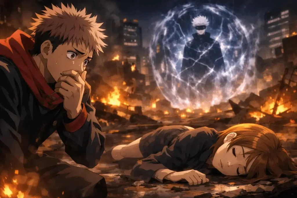 Yuji em desespero ao lado de Nobara desacordada enquanto Gojo é selado no caos de Shibuya